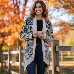 Pink Republic Women Open Front Aztec Cardigan Sweater Cotton Acryli Beige&Navy L
